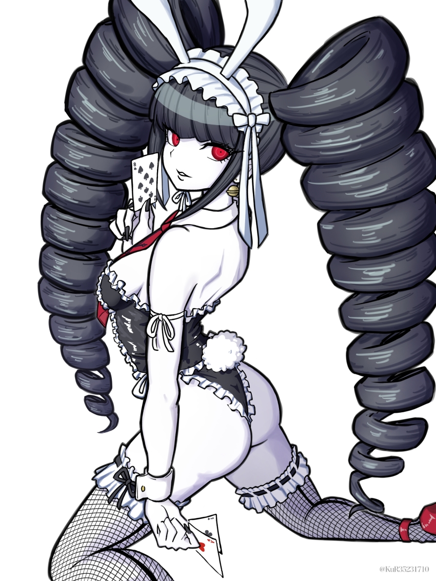 1girl absurdres animal_ears aruke_(gter7727) ass bare_shoulders black_hair black_leotard breasts celestia_ludenberg colored_skin commentary_request danganronpa:_trigger_happy_havoc danganronpa_(series) drill_hair fake_animal_ears frills highres kneeling leotard lolita_fashion long_hair looking_at_viewer nail_polish official_alternate_costume playboy_bunny rabbit_ears red_eyes smile solo strapless strapless_leotard twin_drills twintails white_skin
