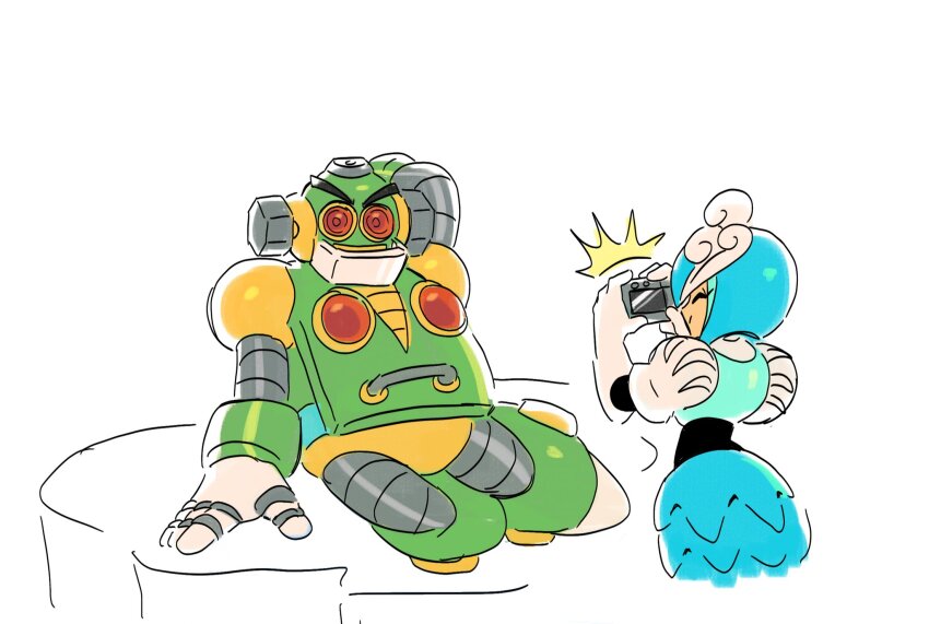 android auto_(mega_man) blue_tail closed_eyes highres mega_man_(series) mermaid monster_girl red_eyes robot smile splash_woman taking_picture