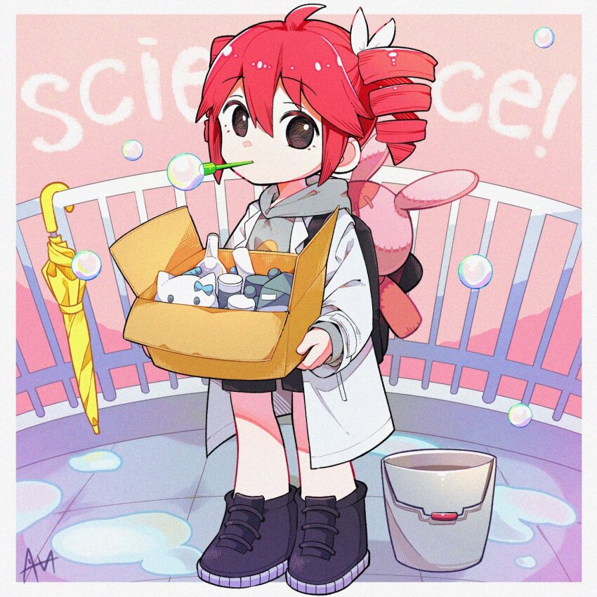 1girl aged_down ahoge alternate_costume alternate_eye_color backpack bag beaker black_bag black_eyes black_shoes black_shorts bottle bow box bubble bucket child coat commentary drill_hair full_body grey_sweater hair_between_eyes hair_bow hello_kitty hello_kitty_(character) highres hood hooded_sweater kasane_teto kasane_teto_(sv) long_sleeves measuring_cylinder railing red_hair science_(synthesizer_v) sanrio sato_(r017xts117) shoes shorts solo stuffed_animal stuffed_toy sweater synthesizer_v twin_drills umbrella utau water white_background white_bow