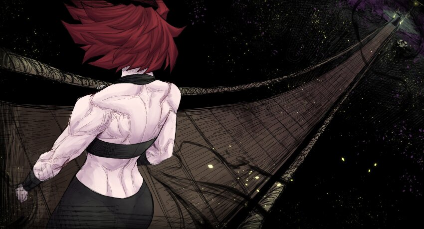 2girls absurdres bridge elenna_(limn044) highres limn044 multiple_girls muscular muscular_back muscular_female original red_hair roxan_(limn044) wooden_bridge