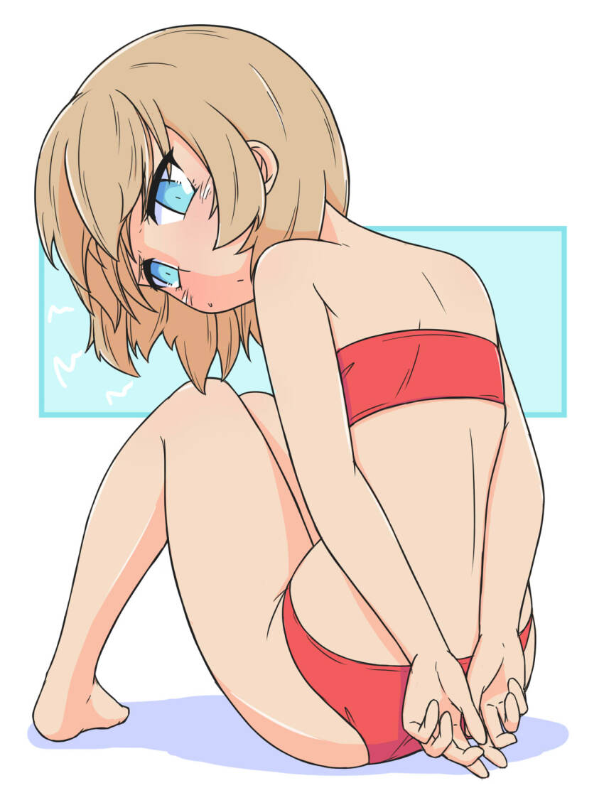 1girl arms_behind_back back barefoot bikini blonde_hair blue_eyes bob_cut closed_mouth commentary from_behind full_body girls_und_panzer highres katyusha_(girls_und_panzer) light_frown looking_at_viewer looking_back red_bikini renshiu short_hair sitting solo strapless strapless_bikini sweatdrop swimsuit