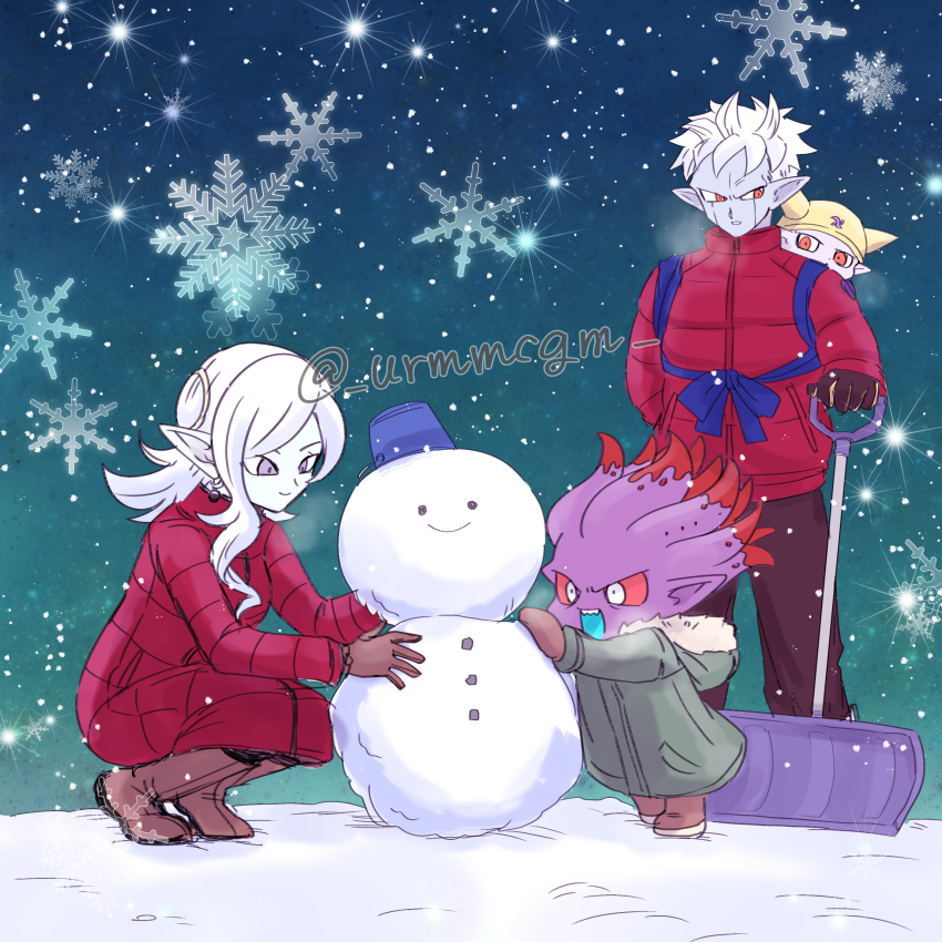 1girl 3boys aged_down baby baby_carrier blue_skin boots brothers brown_footwear brown_gloves bucket coat colored_sclera colored_skin commentary_request demon dragon_ball dragon_ball_heroes earrings family father_and_son fin_(dragon_ball) fu_(dragon_ball) full_body fur-trimmed_coat fur_trim gloves green_coat hat highres husband_and_wife jewelry long_hair looking_at_another looking_at_object mira_(dragon_ball) mochigome_(urmmcgm) mother_and_son multiple_boys no_eyebrows open_mouth pointy_ears potara_earrings purple_eyes purple_skin red_eyes red_sclera sharp_teeth short_hair shovel siblings snow snow_shovel snowflake_background snowflakes snowman spiked_hair squatting teeth towa_(dragon_ball) twitter_username visible_air white_eyes white_hair winter_clothes winter_coat yellow_hat