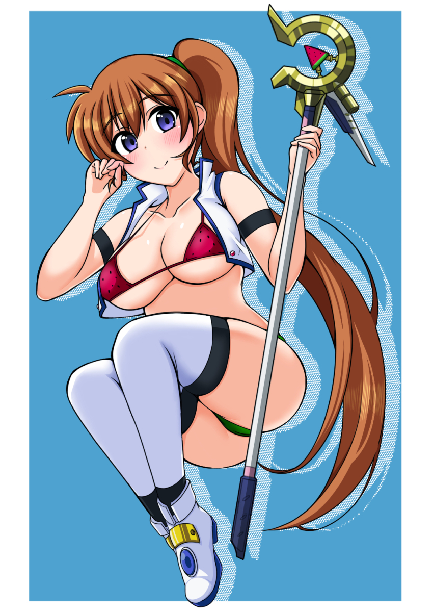 1girl ass bikini blue_eyes blush breasts brown_hair cleavage closed_mouth collarbone highres kunisaki-air large_breasts long_hair looking_at_viewer lyrical_nanoha magical_girl mahou_shoujo_lyrical_nanoha_strikers ponytail raising_heart solo swimsuit takamachi_nanoha thighhighs white_thighhighs