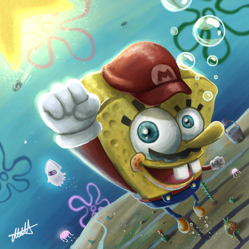absurdres artist_name blooper_(mario) blue_overalls bubble bullet_bill facial_hair food fruit fusion gloves highres jellyfish jellyfish_(spongebob) jumping mario mario_(series) mbartnorwich mustache nintendo overalls paint pineapple piranha_plant red_shirt shirt signature spongebob_squarepants spongebob_squarepants_(series) toon_(style) underwater water white_gloves