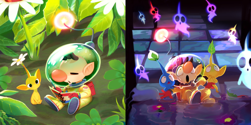 1boy :o backpack bag big_nose blue_pikmin book brown_hair bud closed_eyes commentary cracked_helmet diary english_commentary flower ghost gloves hand_to_own_mouth hands_on_another&#039;s_arm helmet highres holding holding_book holding_pen kozakana leaf looking_at_another nintendo olimar open_mouth outstretched_arms pen pikmin_(series) pink_flower pointy_ears radio_antenna red_bag red_gloves sitting space_helmet spacesuit sweat tiles tiny underground water whistle white_flower wide-eyed writing yellow_pikmin