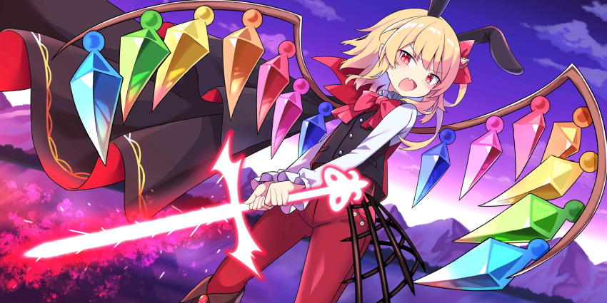 1girl alternate_costume animal_ears black_cape black_vest blonde_hair blush bow bowtie cape crystal crystal_wings e.o. energy_sword fang flandre_scarlet game_cg glowing glowing_weapon highres holding holding_sword holding_weapon laevatein_(touhou) long_hair looking_at_viewer mountainous_horizon multicolored_wings official_art open_mouth outdoors pants pointy_ears purple_sky rabbit_ears red_bow red_bowtie red_eyes red_pants shirt skin_fang sky solo sword third-party_source touhou touhou_lostword vest weapon white_shirt wings