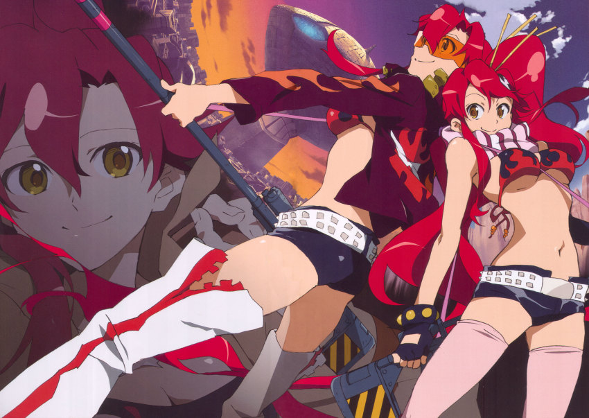 00s 2girls absurdres bikini bikini_top_only breasts cleavage elbow_gloves glasses gloves goggles gun hasegawa_hitomi highres multiple_girls ponytail red_hair rifle scan scarf short_shorts shorts swimsuit tengen_toppa_gurren_lagann thighhighs underboob weapon yellow_eyes yoko_littner