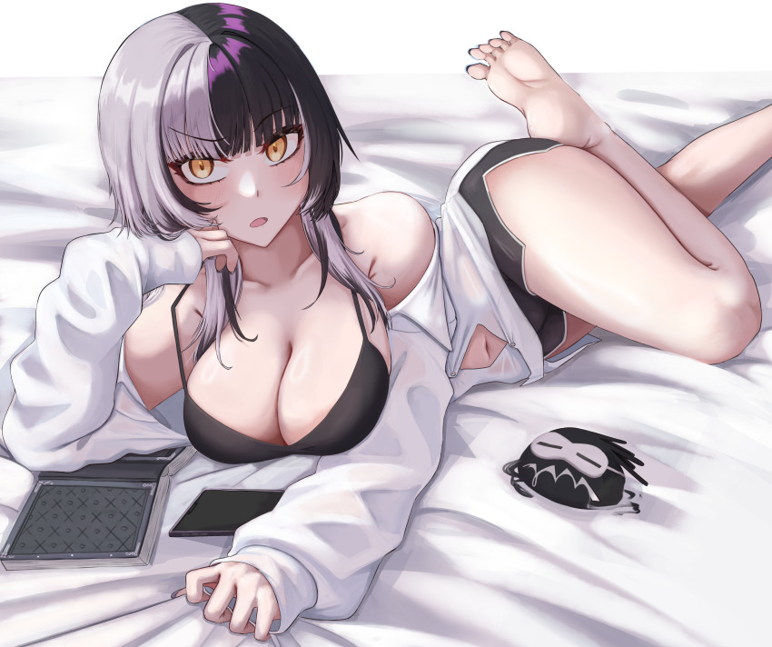 1girl absurdres black_bra black_hair black_shorts book bra breasts dolphin_shorts feet grey_hair head_rest highres hololive hololive_english large_breasts long_sleeves looking_at_viewer lying mmneko multicolored_hair navel on_side open_mouth shiori_novella shirt shorts sleep_mask solo split-color_hair two-tone_hair underwear virtual_youtuber white_shirt yellow_eyes yorick_(shiori_novella)