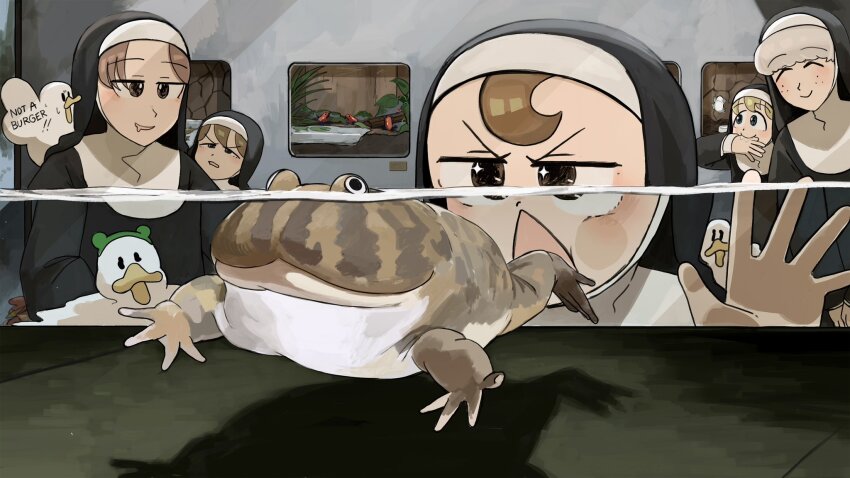 5girls bird blonde_hair blue_eyes body_writing brown_eyes brown_hair chicken closed_eyes clumsy_nun_(diva) commentary diva_(hyxpk) drooling duck english_commentary freckles frog frog_headband froggy_nun_(diva) glasses_nun_(diva) grey_hair habit highres hungry_nun_(diva) little_nuns_(diva) multiple_girls no_eyewear nun painting_(object) sheep_nun_(diva) slice_of_life smile traditional_nun triangle_mouth