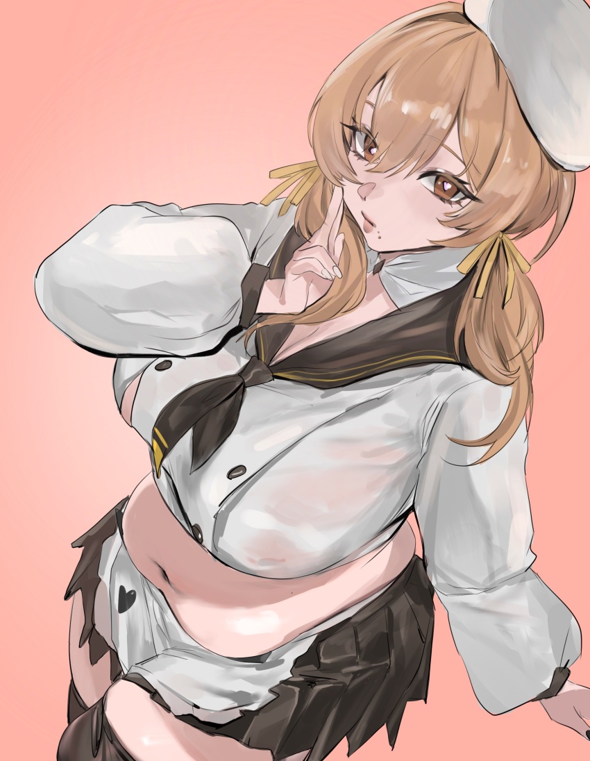 1girl absurdres apron belly beret black_skirt black_thighhighs bready_(nikke) breasts brown_eyes brown_hair brown_neckerchief brown_ribbon crop_top crumbs dot_nose food food_on_face goddess_of_victory:_nikke hat highres large_breasts long_sleeves looking_at_viewer low_twintails miniskirt navel neckerchief plump ribbon shirt simple_background skirt solo stomach stretch_marks taiyang_yu thighhighs thighs twintails waist_apron white_apron white_background white_hat white_shirt
