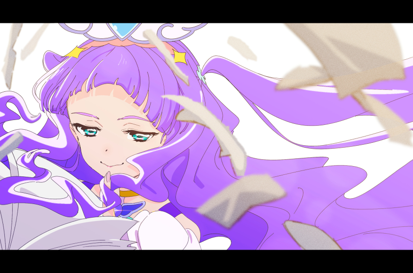 1girl aqua_eyes bare_shoulders choker cure_majesty dot_nose ellee-chan floating_hair half-closed_eyes highres hirogaru_sky!_precure letterboxed light_smile long_hair magical_girl portrait precure purple_hair saitou_atsushi_(kamatamanankotu) simple_background solo two_side_up white_background yellow_choker