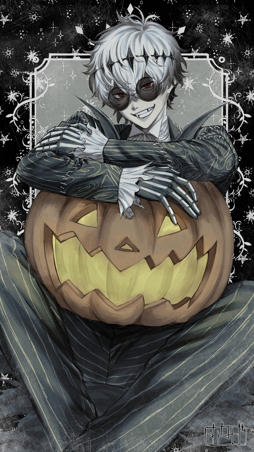 1boy absurdres black_coat black_gloves coat feet_out_of_frame gloves grey_hair grin halloween highres jack-o&#039;-lantern looking_at_viewer male_focus missing_tooth red_eyes ringed_eyes short_hair sitting skully_j._graves smile solo sunglasses susamiyasan twisted_wonderland