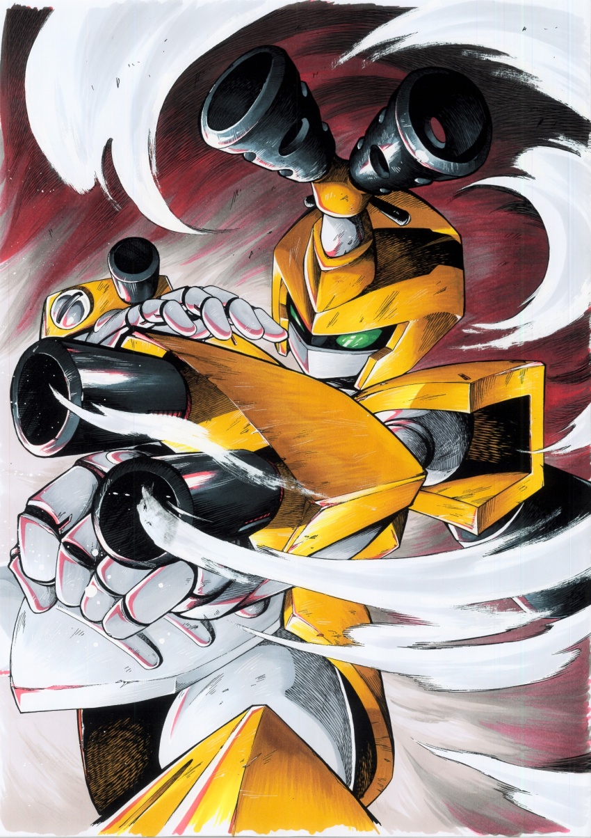 1boy aiming arm_cannon armor clenched_hand cowboy_shot green_eyes helmet highres horns humanoid_robot male_focus medarot metabee miura_satoru robot solo weapon yellow_armor yellow_helmet