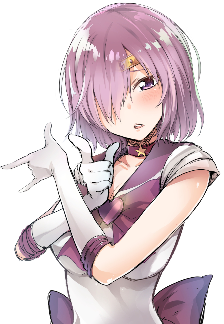 1girl alternate_costume bishoujo_senshi_sailor_moon blush breasts commentary_request cosplay elbow_gloves fate/grand_order fate_(series) female_focus gloves hair_over_one_eye highres ishima_yuu large_breasts looking_at_viewer mash_kyrielight purple_eyes purple_hair sailor_moon sailor_moon_(cosplay) sailor_senshi sailor_senshi_(cosplay) short_hair simple_background solo tsuki_ni_kawatte_oshioki_yo unofficial_sailor_senshi_uniform upper_body white_background white_gloves