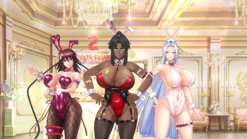 3d 3girls action_taimanin alternate_costume breasts highleg highleg_leotard huge_breasts inage_natsu leotard long_hair mature_female mirabell_bell mizuki_shiranui multiple_girls nail_polish playboy_bunny taimanin_(series) taimanin_asagi_kessen_arena taimanin_yukikaze
