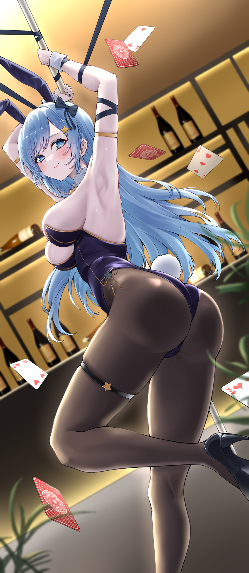 1girl absurdres animal_ears arm_up armpits ass bar_(place) black_bow black_pantyhose blue_eyes blue_hair blush bottle bow breasts bright_pupils card closed_mouth commentary commission dutch_angle fake_animal_ears foot_up hair_bow hair_spread_out high_heels highres holding holding_pole indoors large_breasts large_variant_set lds_(dstwins97) leotard long_hair looking_at_viewer original pantyhose parted_lips playboy_bunny playing_card pole pole_dancing purple_leotard rabbit_ears smile solo strapless strapless_leotard variant_set very_long_hair white_pupils