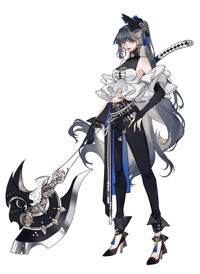 1girl axe bare_shoulders belt black_gloves black_pants breasts bridal_gauntlets closed_mouth earrings elbow_gloves full_body gloves grey_eyes grey_hair hand_on_own_hip high_heels highres holding holding_axe holding_weapon jewelry jiujiangzi_benren long_hair looking_at_viewer multicolored_hair navel original pants ponytail shirt simple_background solo standing sword very_long_hair weapon white_background white_shirt