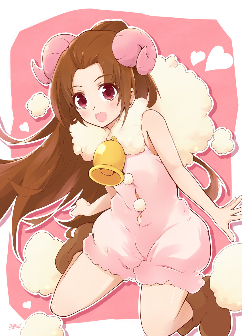 1girl :d animal_costume ashita_wa_hitsuji bell blush brown_hair dokidoki!_precure female_focus heart highres horns long_hair madoka_aguri open_mouth precure red_eyes sheep_costume sheep_horns smile solo very_long_hair