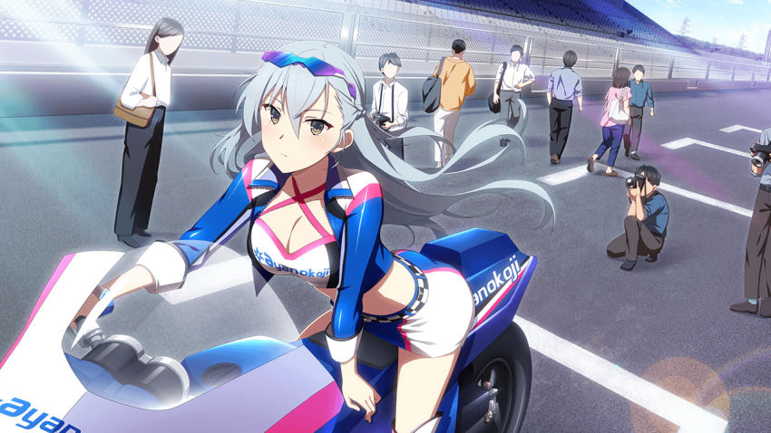 1girl blue_jacket breasts circuit cleavage closed_mouth collarbone cropped_jacket eyewear_on_head floating_hair game_cg gradient-tinted_eyewear grey_hair hair_between_eyes jacket kitora_mirja large_breasts long_hair long_sleeves looking_at_viewer midriff miniskirt motor_vehicle motorcycle non-web_source official_art open_clothes open_jacket outdoors pencil_skirt people race_queen riding skirt solo taking_picture tinted_eyewear toji_no_miko toji_no_miko:_kizamishi_issen_no_tomoshibi white_skirt