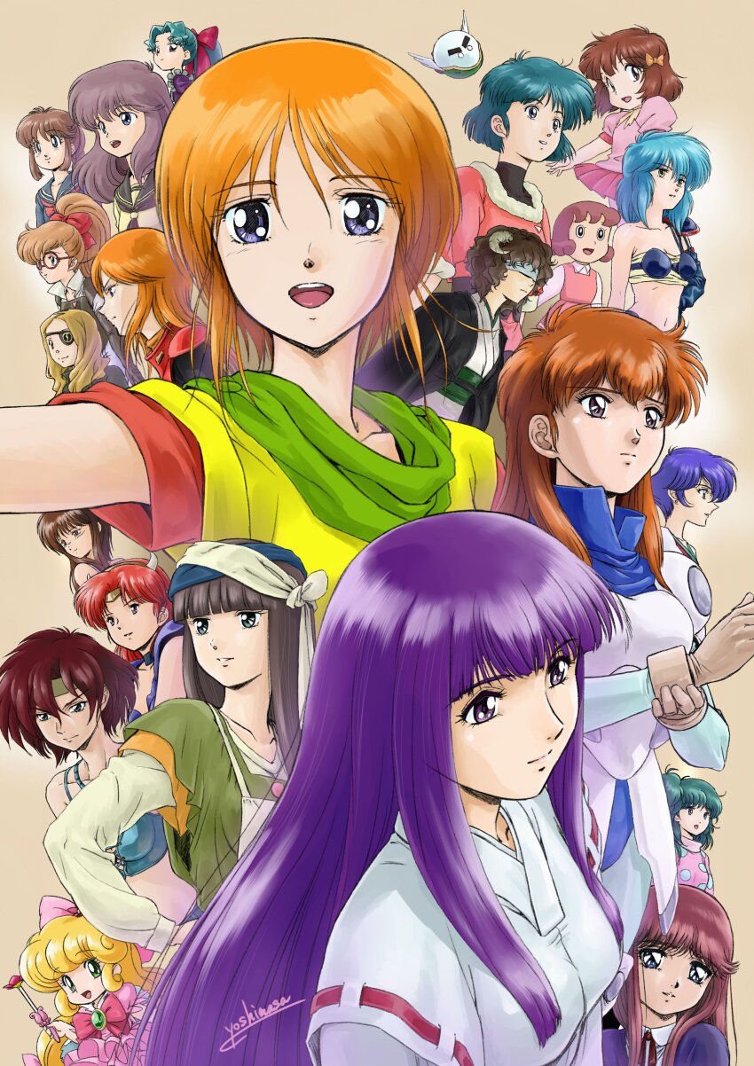 6+girls absurdres after_war_gundam_x akai_koudan_zillion amy_(gall_force) annotated armor artist_name bare_shoulders bikini_armor black_armor black_choker black_hair black_sailor_collar black_serafuku black_shirt black_sleeves blindfold blonde_hair blue_eyes blue_hair blue_shirt blunt_bangs bow breastplate breasts chest_sarashi choker closed_mouth commentary cosmic_baton_girl_comet-san crossover curled_horns curtained_hair detached_sleeves dress earrings elpeo_puru ennil_el fanneria_amu fantasy_zone flying frills fur-trimmed_shirt fur_trim gall_force glasses green_eyes green_hair green_headband green_vest gundam gundam_zz hades_project_zeorymer hair_bow hana_no_mahoutsukai_mary_bell harrison_amy_(zillion) headband high_collar highres himuro_miku holding holding_staff honda_chieko horns ichinose_yuka japanese_clothes jewelry juusenki_l-gaim kaoru_kozue kasuga_kurumi kimagure_orange_road kina_(machine_robo) kirin_(mouryou_senki_madara) kiteretsu_daihyakka kokuhou_yukie koyama_megumi long_hair looking_at_viewer machine_robo machine_robo_chronos_no_dai_gyakushuu magical_girl majinden marie_mjolnir mary_bell medium_breasts medium_hair meteor_(comet-san) moeru!_onii-san mouryou_senki_madara multiple_girls natsume_yuujinchou navel neckerchief nonohana_miyoko one_eye_covered one_side_up opa-opa open_mouth orange_hair parted_bangs parted_lips pauldrons pink_bow pink_dress pink_eyes pink_shirt pink_skirt plawres_sanshirou pleated_skirt polka_dot polka_dot_shirt ponytail purple_hair purple_shirt puru_two red-framed_eyewear red_bow red_hair red_neckerchief rullishia ryuu_seiki sailor_collar sarashi sasago_(natsume) school_uniform serafuku sheep_horns shirt short_hair shoujo_kakumei_utena shoulder_armor shouwa_ahozoushi_akanuke_ichiban! signature silent_moebius single_detached_sleeve single_pauldron skirt small_breasts smile soul_eater staff stud_earrings sugata_machiko tank_top turtleneck turtleneck_shirt vest voice_actor_connection wavy_hair white_shirt wings yamigumo_nami yellow_bow yellow_eyes yellow_shirt yoshinaga_masahiro
