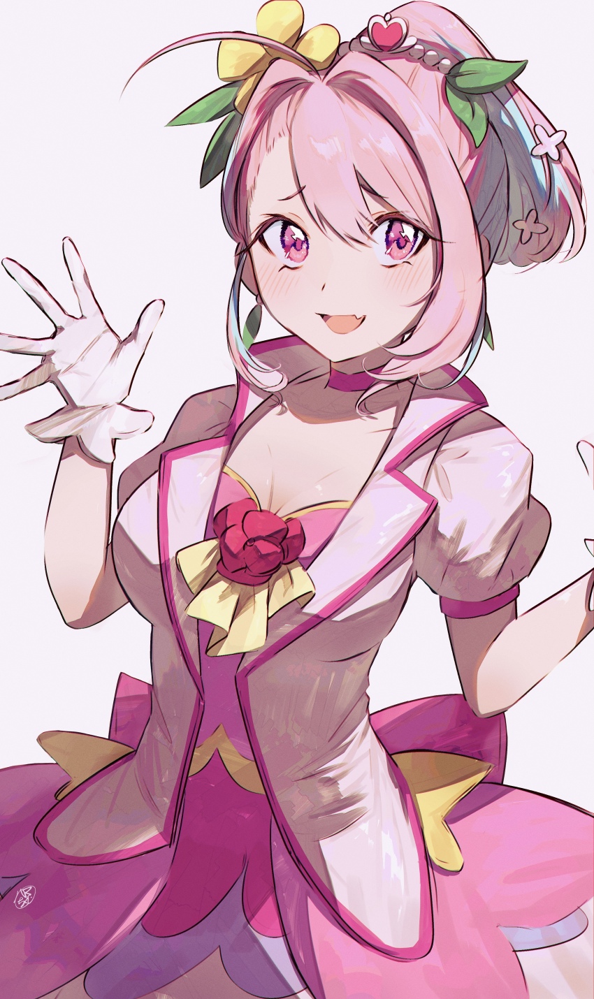 1girl absurdres ahoge breasts choker cleavage cosplay cure_grace cure_grace_(cosplay) dress fang flower grey_background hair_between_eyes hair_flower hair_ornament hamachamu hands_up healin&#039;_good_precure high_ponytail highres idolmaster idolmaster_cinderella_girls jacket large_breasts looking_at_viewer multicolored_hair open_clothes open_jacket open_mouth pink_choker pink_dress pink_eyes pink_hair pink_jacket ponytail precure puffy_short_sleeves puffy_sleeves raised_eyebrows red_flower short_sleeves simple_background skin_fang smile solo two-tone_hair yellow_flower yumemi_riamu