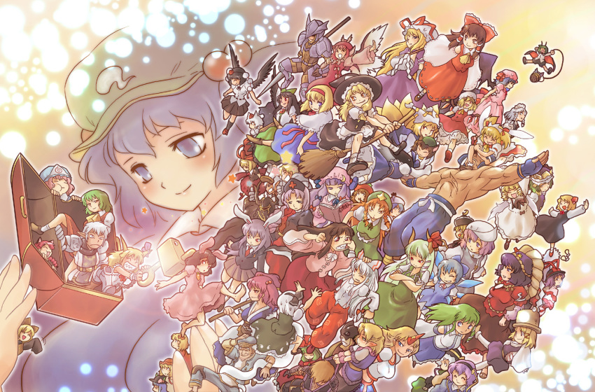 00s 1990s_(style) 6+girls absolutely_everyone aki_minoriko aki_shizuha alice_margatroid blonde_hair buront cain_highwind character_request chen cirno dragoon dragoon_(final_fantasy) everyone ex-keine final_fantasy final_fantasy_iv final_fantasy_xi final_tatsuya flandre_scarlet fujiwara_no_mokou giant giantess hakurei_reimu hat hinanawi_tenshi hong_meiling horns hoshiguma_yuugi houraisan_kaguya ibuki_suika inaba_tewi inubashiri_momiji izayoi_sakuya jin_fu-ha kaenbyou_rin kagiyama_hina kamishirasawa_keine kawashiro_nitori kazami_yuuka kirisame_marisa kisume kitanai_ninja kochiya_sanae komeiji_koishi komeiji_satori konpaku_youmu kurodani_yamame letty_whiterock luna_child lunasa_prismriver lyrica_prismriver maat medicine_melancholy merlin_prismriver mizuhashi_parsee moriya_suwako multiple_girls mystia_lorelei nagae_iku naitou onozuka_komachi patchouli_knowledge red_eyes reisen_udongein_inaba reiuji_utsuho remilia_scarlet retro_artstyle rumia ryu-san ryuuko_no_ken saigyouji_yuyuko shameimaru_aya shiki_eiki single_horn star_(symbol) star_sapphire sunny_milk the_iron_of_yin_and_yang tomotsuka_haruomi touhou treasure_chest wriggle_nightbug yagokoro_eirin yakumo_ran yakumo_yukari yasaka_kanako zeid
