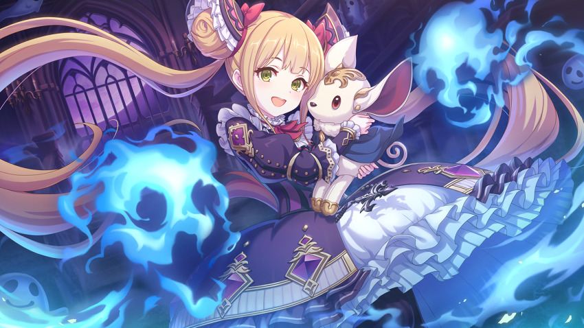 1girl animal blonde_hair dress european_clothes green_eyes holding holding_animal long_hair luna_(shadowverse) official_art pet princess_connect! shadowverse twintails