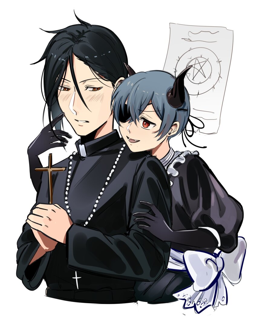 2boys absurdres age_difference bishounen black_hair blue_hair blush bow ciel_phantomhive cross demon_boy demon_horns earrings eyepatch gloves hair_between_eyes highres horns jewelry kuroshitsuji long_sleeves male_focus multiple_boys onii-shota priest red_eyes sebastian_michaelis short_hair simple_background uneasywolf white_background