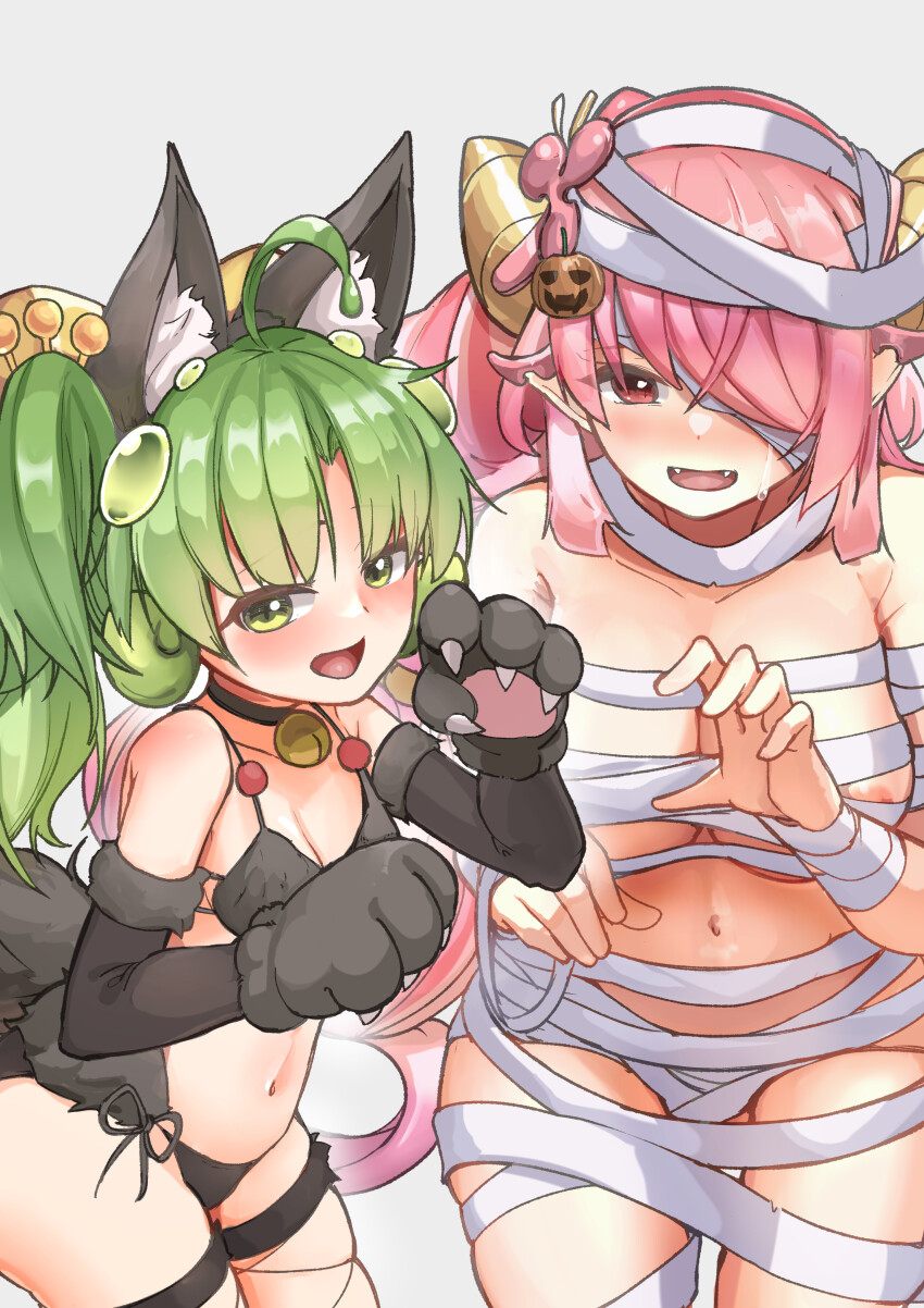 2girls absurdres animal_ears areola_slip bikini black_bikini breasts cleavage duel_monster fake_animal_ears fangs green_eyes green_hair hair_over_one_eye halloween highres large_breasts looking_at_viewer moqi multiple_girls mummy_costume navel pink_hair red_eyes small_breasts smile swimsuit traptrix_pinguicula traptrix_sera yu-gi-oh!