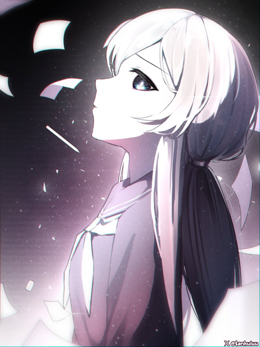 1girl absurdres black_sailor_collar black_serafuku blue_eyes bow bowtie closed_mouth flying_paper from_side hair_between_eyes highres long_hair long_sleeves paper pencil profile sailor_collar school_uniform serafuku solo study-sama tanhuluu twitter_username upper_body vedal_ai white_bow white_bowtie white_hair