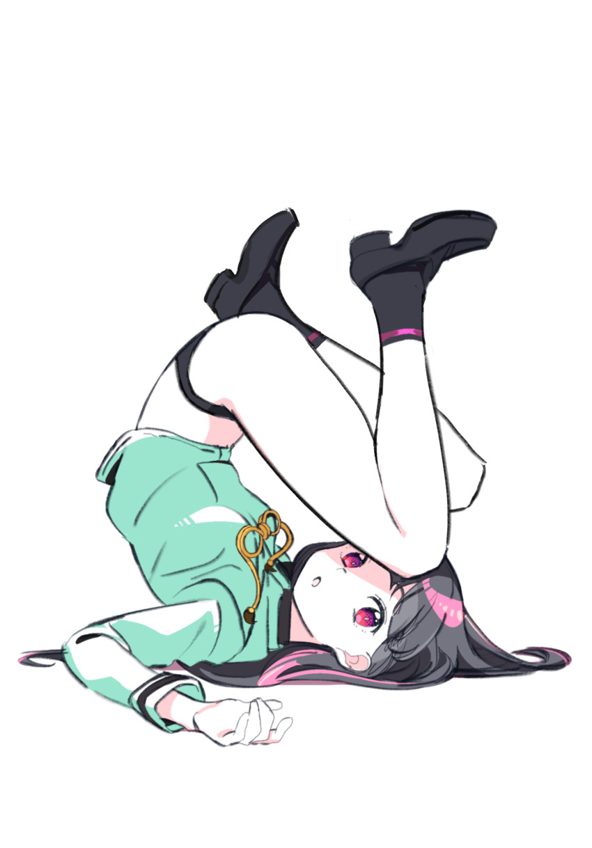 1girl black_hair black_panties black_shoes dohna_dohna_issho_ni_warui_koto_o_shiyou full_body hair_spread_out highres long_hair long_sleeves looking_at_viewer lying mibu_kikuchiyo nnn-ollll panties purple_eyes shoes simple_background solo underwear upside-down white_background