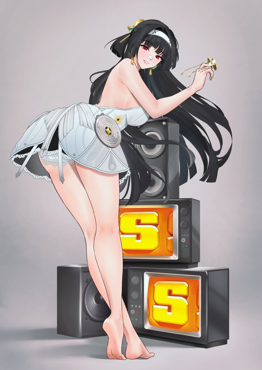 1girl absurdres amplifier astra_yao bare_legs barefoot black_hair breasts commentary crt dress earrings feet from_behind full_body grey_background hairband highres holding holding_removed_eyewear jewelry large_breasts legs long_hair meisaki red_eyes round_eyewear shorts shorts_under_dress soles solo sunglasses symbol-only_commentary toes unworn_eyewear very_long_hair white_dress white_hairband white_shorts zenless_zone_zero