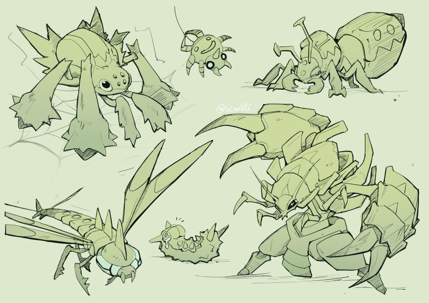 +_+ absurdres ant artist_name bug crying dragonfly durant fangs full_body galvantula gen_2_pokemon gen_3_pokemon gen_4_pokemon gen_5_pokemon gen_7_pokemon golisopod green_background green_theme highres insect legs_apart looking_at_viewer lying monochrome nintendo notice_lines on_back pokemon pokemon_(creature) scarvii signature silk simple_background sketch spider spider_web spinarak standing tears trait_connection twitter_username wavy_eyes wurmple yanmega