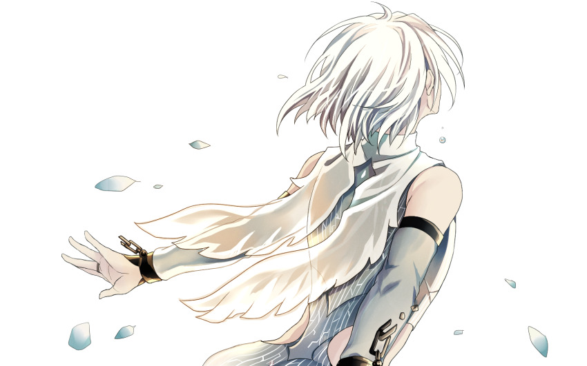 1boy bridal_gauntlets broken broken_chain chain cuffs detached_sleeves facing_away highres lalatia-meai male_focus petals shackles short_hair simple_background solo white_background white_hair yuri!!!_on_ice yuri_plisetsky