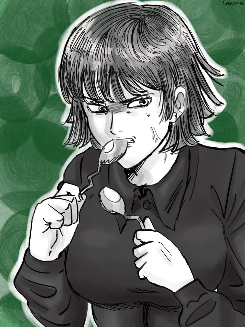 1girl anger_vein angry biting black_dress breasts collared_dress dress envy female_focus frustrated fubuki_(one-punch_man) green_background greyscale highres holding holding_spoon large_breasts long_sleeves looking_to_the_side monochrome official_style one-punch_man psychic short_hair simple_background solo spoon spoon_bending sweatdrop upper_body watermark