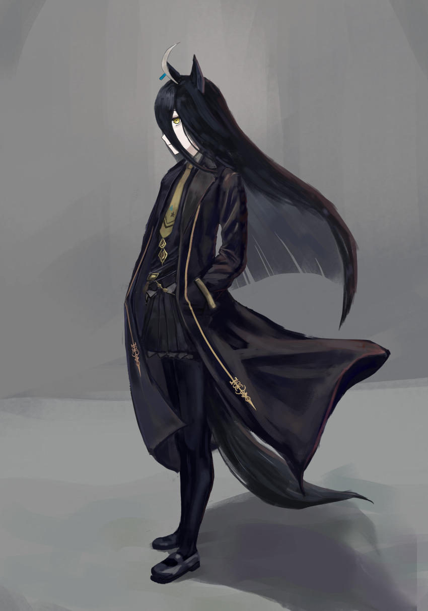 1girl absurdres ahoge belt black_belt black_coat black_pantyhose black_shirt black_shoes black_skirt closed_mouth coat collared_shirt ear_tag earrings grey_background grey_hair hair_between_eyes hands_in_pockets highres jewelry long_bangs long_hair long_hair_between_eyes manhattan_cafe_(umamusume) multicolored_hair necktie open_clothes open_coat pantyhose pleated_skirt shirt shoes single_earring skirt solo standing thefatum umamusume very_long_hair yellow_eyes yellow_necktie