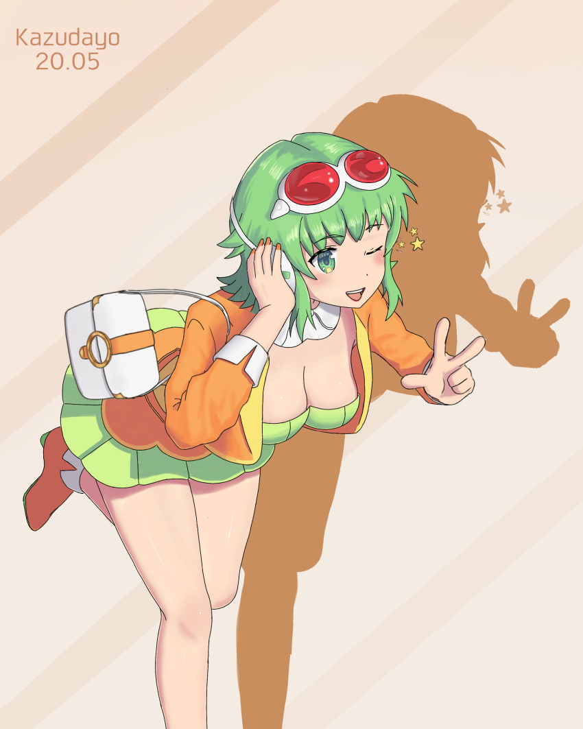 1girl absurdres blush breasts green_eyes green_hair green_skirt gumi hand_on_headphones hand_up high_heels highres ibispaint_(medium) kazudayo large_breasts medium_breasts orange_background orange_shirt running shirt skirt smile star_(symbol) vocaloid