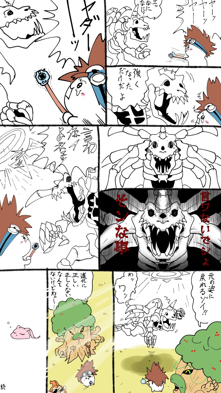 absurdres closed_eyes crests_(digimon) digimon digimon_(creature) digivice etemon goggles goggles_on_head highres jyureimon koromon skullgreymon sunglasses translation_request yagami_taichi
