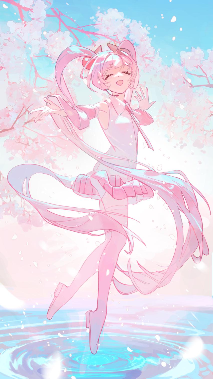 1girl :d ^_^ absurdres armpits boots breasts cherry_blossoms cherry_tree closed_eyes dancing detached_sleeves hatsune_miku highres long_hair open_mouth outstretched_arms pink_boots pink_skirt pink_sleeves sakura_miku shirt skirt sky sleeveless sleeveless_shirt small_breasts smile solo spread_arms thigh_boots twintails very_long_hair vocaloid white_shirt wusubamineko