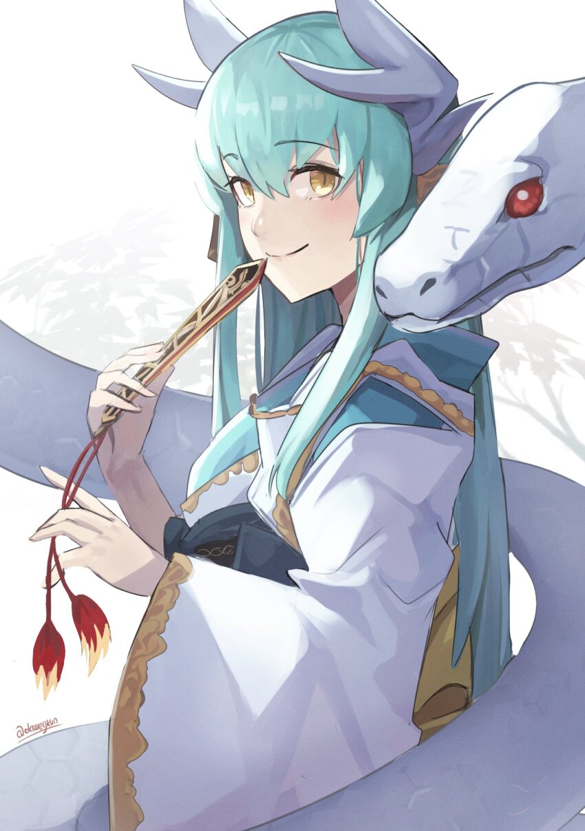 1girl aqua_hair aqua_kimono daweykun dragon_girl dragon_horns fate/grand_order fate_(series) green_hair hand_fan highres horns japanese_clothes kimono kiyohime_(fate) long_hair looking_at_viewer obi sash smile snake solo white_snake yellow_eyes