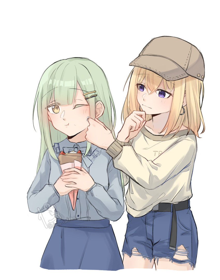 2girls absurdres bang_dream! bang_dream!_it&#039;s_mygo!!!!! baseball_cap belt black_belt blonde_hair blue_shirt blue_shorts blue_skirt brown_hat closed_mouth commentary crepe food green_hair hand_on_another&#039;s_face hat highres holding holding_crepe holding_food kaeru_(kaeee41917105) long_hair long_sleeves medium_hair misumi_uika multiple_girls one_eye_closed purple_eyes shirt shorts simple_background skirt smile torn_clothes torn_shorts wakaba_mutsumi white_background white_shirt yellow_eyes
