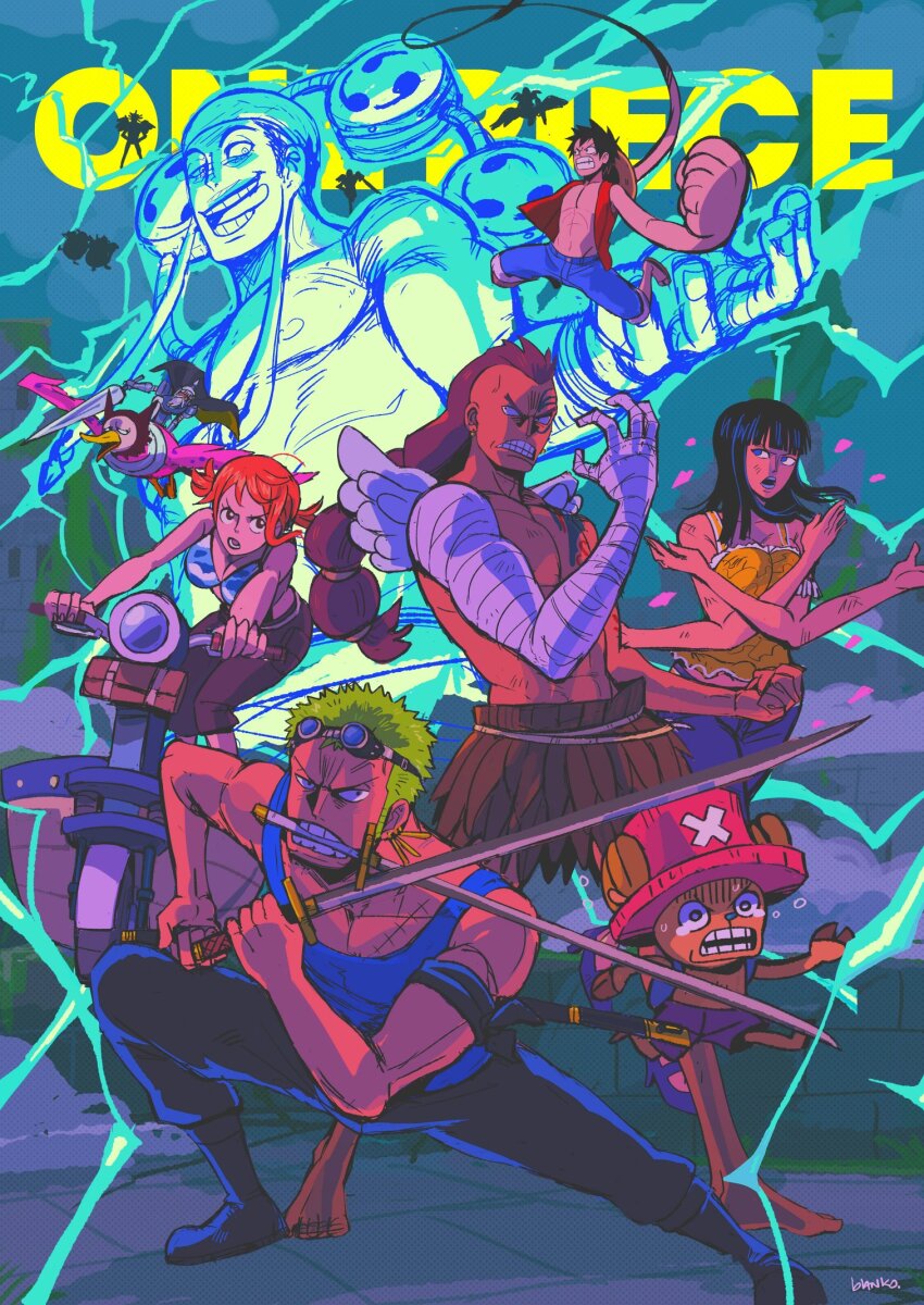 2girls 5boys anatomical_nonsense bandaged_arm bandages blanko! blurry copyright_name creature dark-skinned_female dark-skinned_male dark_skin depth_of_field devil_fruit_power electricity electrokinesis enel evil_smile extra_arms fighting_stance florakinesis full_body gan_fall hana_hana_no_mi highres holding holding_sword holding_weapon incoming_attack monkey_d._luffy motor_vehicle motorcycle multiple_boys multiple_girls muscular muscular_male nami_(one_piece) nami_(one_piece)_(skypiea) nico_robin nico_robin_(skypiea) one_piece pants pierre_(one_piece) roronoa_zoro scared shoes short_hair smile spread_legs standing sword tattoo tearing_up tongue tongue_out tony_tony_chopper topless_male tribal triple_wielding turn_pale weapon wide_spread_legs wyper_(one_piece)