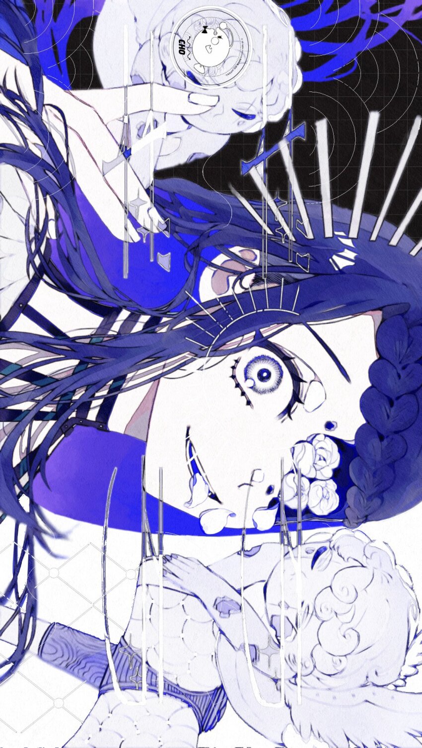 1girl ado_(utaite) blue_hair braid braided_bangs cho96850 commentary gira-gira-chan_(ado) gira_gira hand_up hashtag-only_commentary highres long_hair looking_at_viewer open_mouth portrait sidelocks sideways solo surreal