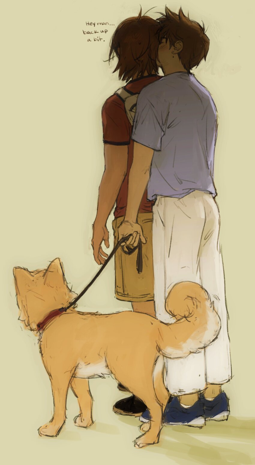 2boys absurdres antenna_hair arms_at_sides ass black_footwear blue_footwear blue_shirt brothers brown_hair brown_shorts commentary dark-skinned_male dark_skin dog english_commentary english_text from_behind full_body hector_(omori) hero_(faraway)_(omori) hero_(omori) highres holding holding_leash kel_(faraway)_(omori) kel_(omori) leash male_focus multiple_boys omori pants r3dhands red_shirt shirt short_hair short_sleeves shorts siblings simple_background smelling smelling_hair standing white_pants yellow_background