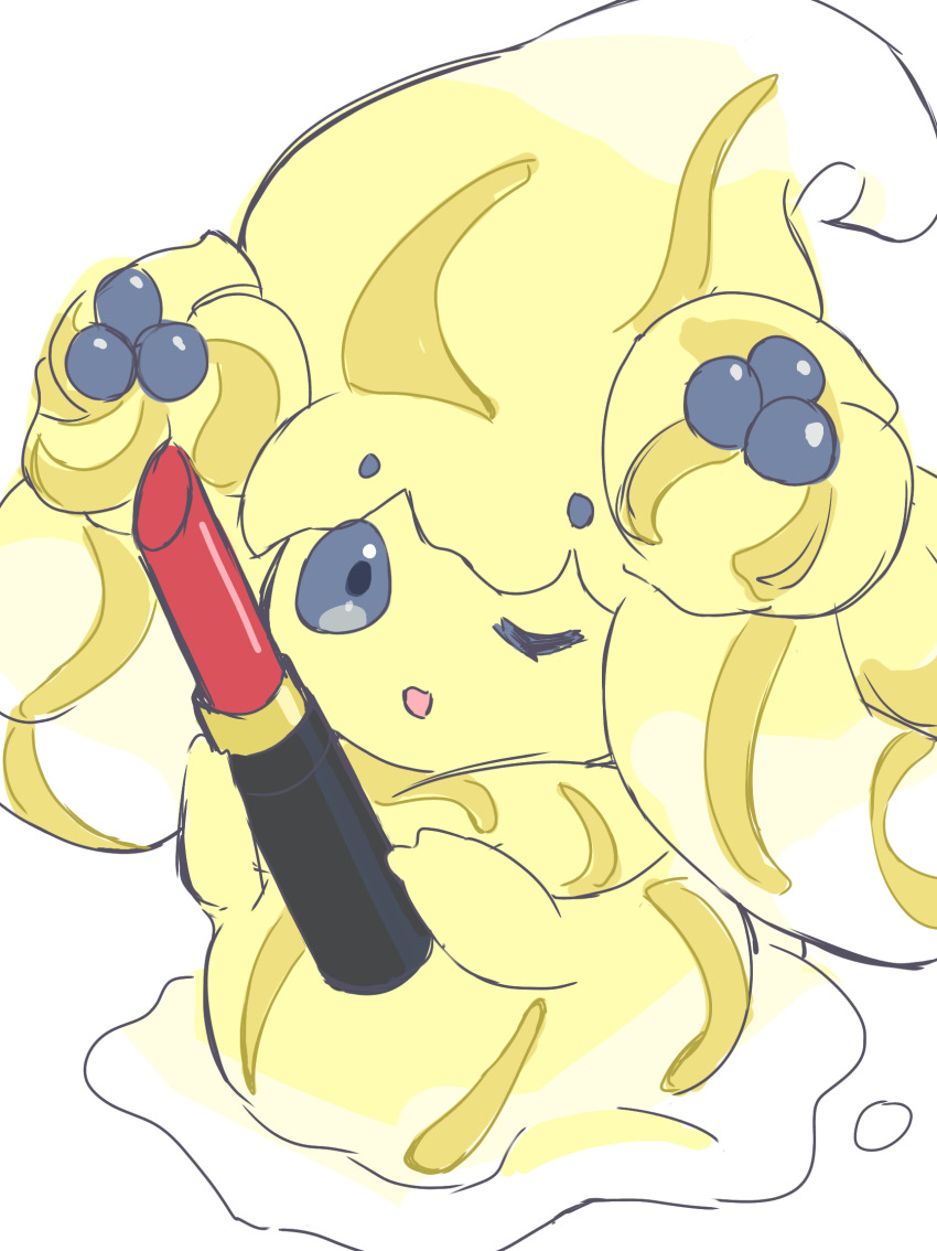 1girl alcremie alcremie_(berry_sweet) alcremie_(lemon_cream) blue_eyes commentary_request cosmetics food-themed_hair_ornament full_body gen_8_pokemon gfge4382 hair_ornament highres holding lipstick_tube long_hair looking_at_viewer mini_person minigirl nintendo one_eye_closed open_mouth pokemon pokemon_(creature) simple_background solo standing white_background