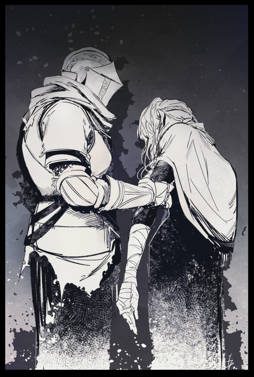 1girl 1other 6cheetah absurdres ambiguous_gender armor ashen_one_(dark_souls) bandaged_arm bandages black_background black_border border capelet dark_souls_(series) dark_souls_iii dress facing_another fire_keeper from_behind from_side gauntlets grabbing_another&#039;s_arm helm helmet highres scarf shirt short_hair shoulder_plates standing torn_clothes torn_shirt