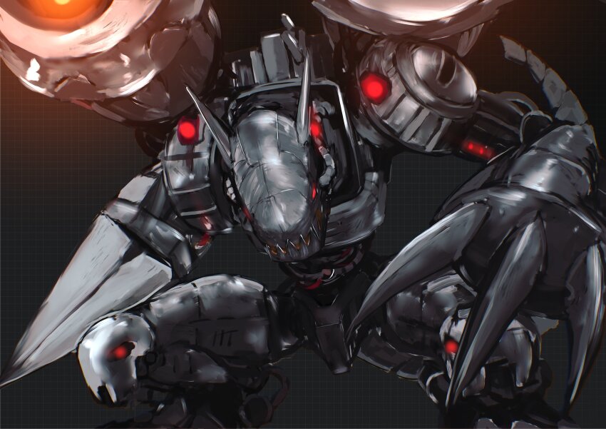 absurdres armor black_theme building cable circuit claw_(weapon) claws closed_mouth commentary_request digimon digimon_(creature) facing_viewer feet_out_of_frame glowing glowing_eyes grey_background highres horns joints mecha mecha_focus monster mugendramon name_e04 no_humans non-humanoid_robot powering_up red_eyes robot robot_dragon sharp_teeth shoulder_cannon skull solo tail teeth weapon