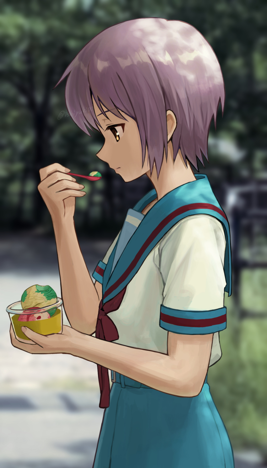 1girl blue_sailor_collar blue_skirt blurry blurry_background commentary_request cup highres holding holding_cup holding_spoon ice_cream_cup ishiyuki kita_high_school_uniform nagato_yuki outdoors photo_background purple_hair red_ribbon ribbon sailor_collar school_uniform serafuku short_hair short_sleeves skirt solo spoon summer_uniform suzumiya_haruhi_no_yuuutsu
