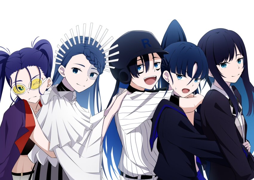 5girls :d ado_(utaite) baseball_cap black_bow black_bowtie blue_eyes blue_hair bow bowtie braid braided_bangs chando_(ado) closed_mouth cloud_nine_inc colored_inner_hair commentary_request dark_blue_hair earrings gira-gira-chan_(ado) gira_gira hair_between_eyes hat helmet highres hug hug_from_behind jewelry long_hair looking_at_viewer merry_(ado) mole mole_under_eye multicolored_hair multiple_girls naima_(ado) nori_(norinori_yrl) odo-chan_(ado) odo_(song) one_eye_closed open_mouth ponytail portrait readymade_(ado) shirt short_sleeves sidelocks simple_background smile stud_earrings sweatdrop teeth textless_version tinted_eyewear twintails upper_body upper_teeth_only usseewa utaite white_background white_shirt yellow-tinted_eyewear