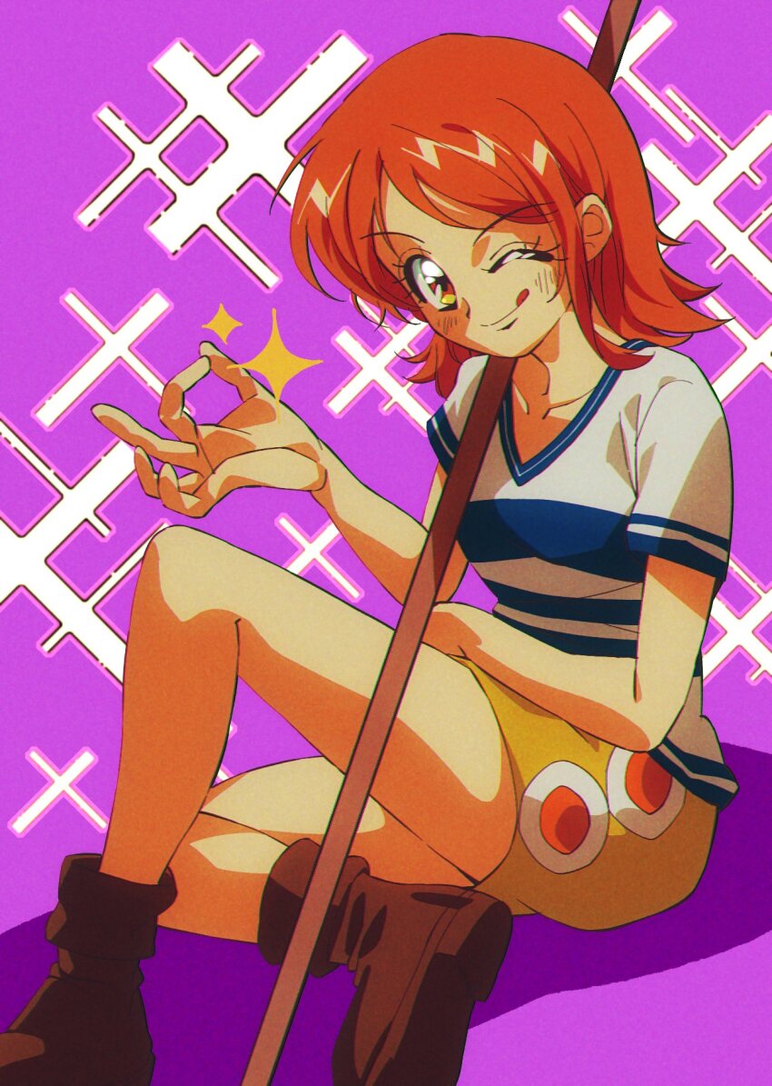 1girl ;q bare_legs boots brown_boots closed_mouth collarbone commentary_request highres knee_up light_blush looking_at_viewer miniskirt money_gesture nami_(one_piece) nami_(one_piece)_(east_blue) one_eye_closed one_piece orange_hair over_shoulder potiri02 purple_background shirt short_hair short_sleeves single_sidelock sitting skirt smile solo sparkle staff striped_clothes striped_shirt tongue tongue_out two-tone_shirt v-neck white_shirt yellow_skirt